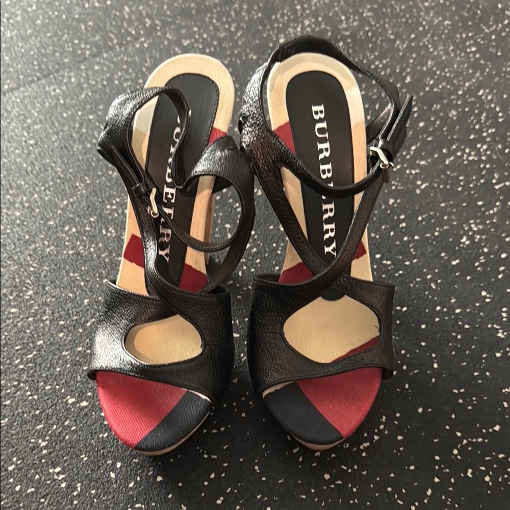 Burberry Black and Red High Heeled Slingback Sandals